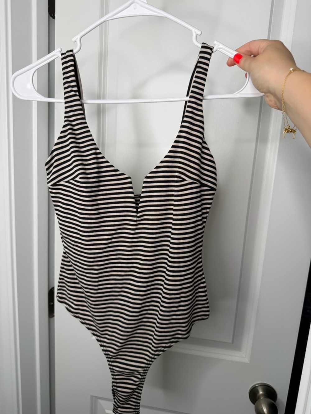 Lulu's Black and White Striped Scoop Neck Bodysuit